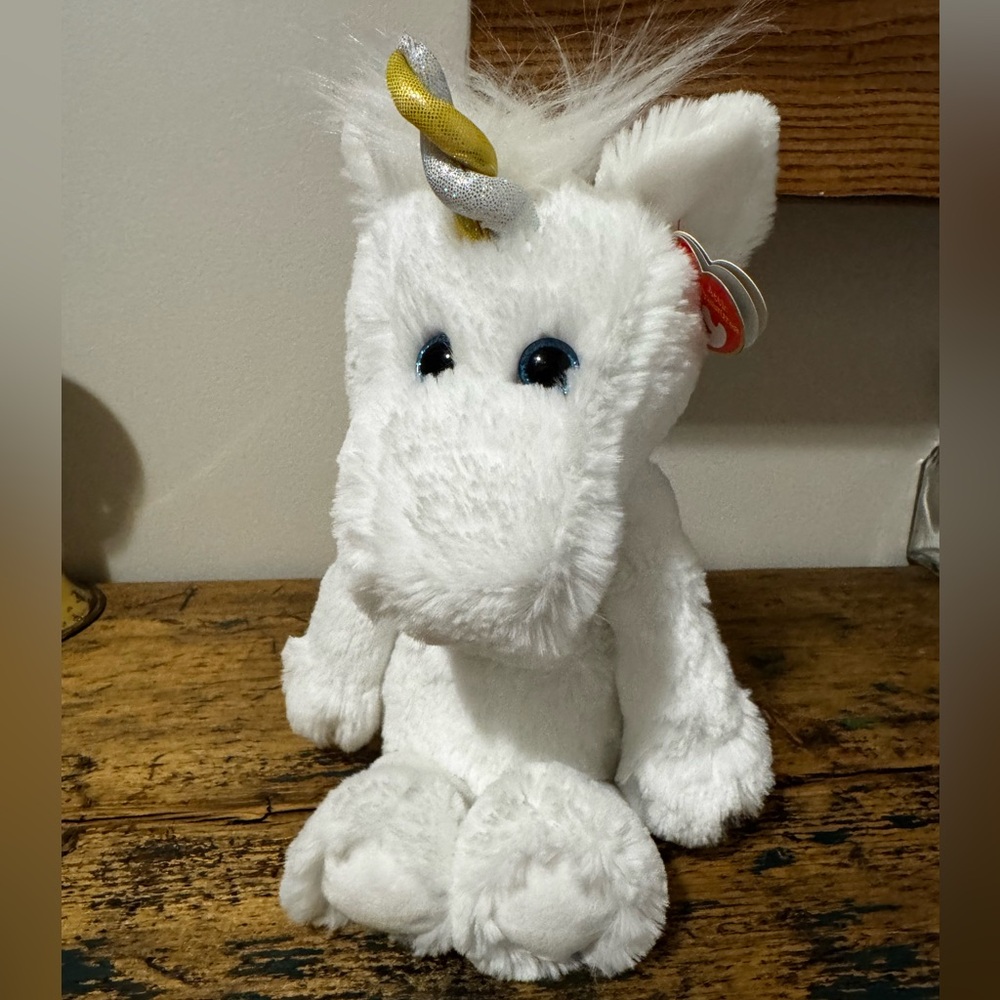 Ty White Unicorn Plush with Gold & Silver Spiral Horn